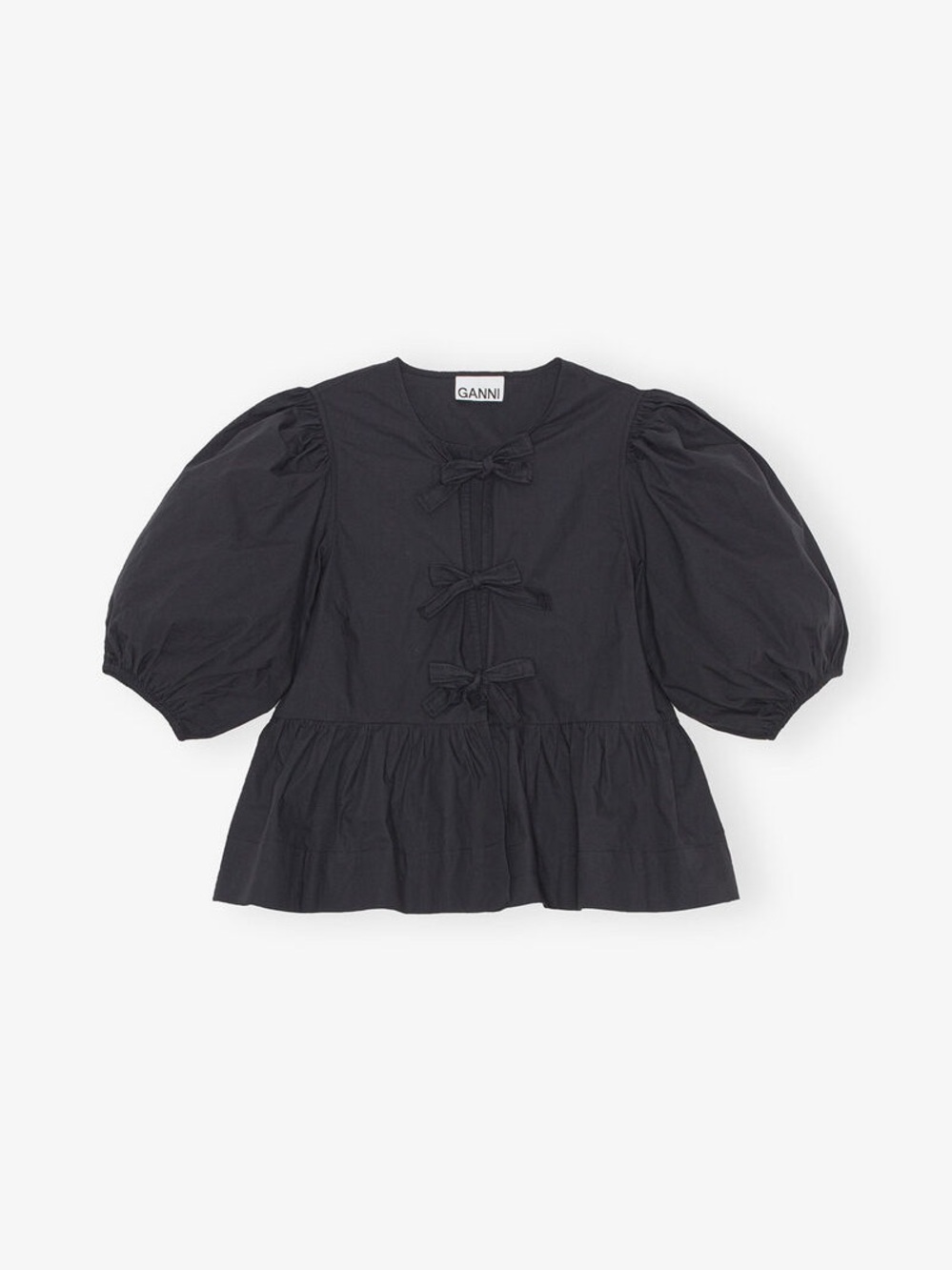 Ganni Black Puff-Sleeve Peplum Blouse with Front Bows